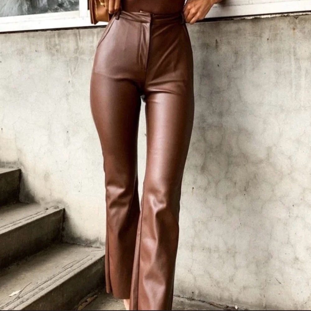 Meshki Tyra Choclate Brown Faux Leather High Rise ‎ Straight Leg Pants Small